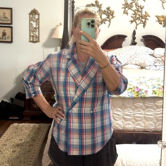 Vintage 80s/90s Foxcroft Multicolor Plaid Doublebreasted Shirt or Light Jacket - Picture 2 of 9